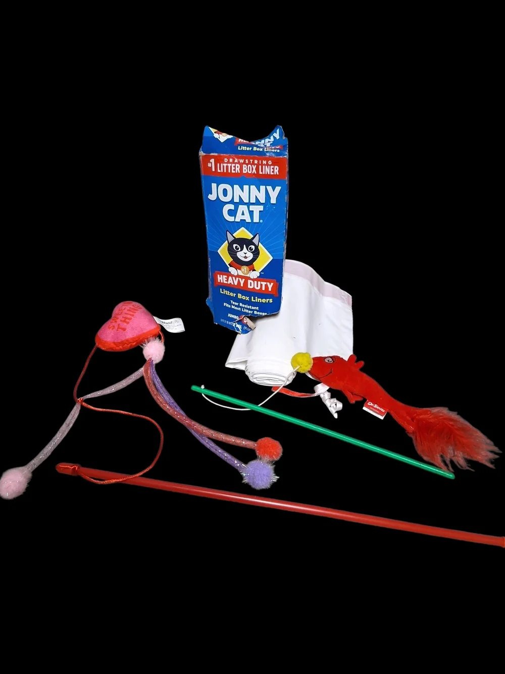 Jonny Cat Heavy Duty Litter Box Liners + Assorted Cat Teaser Toys - Blue & Red